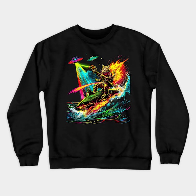 Shark Journey Cat's Marine Adventure Crewneck Sweatshirt by BilodeauBlue